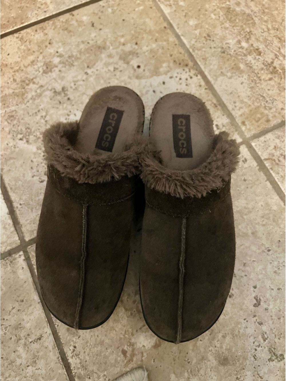 Y2K Brown Suede Faux Fur Crocs clogs Womens Size 7 1/2